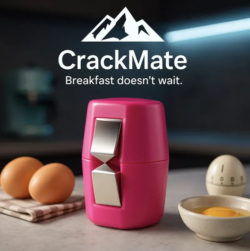 CrackMate™ eggshell separator in bright pink with metal crackper on kitchen counter near eggs and timer