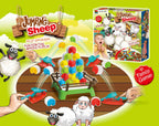 Illustrated four-player sheep-launching game setup with retail box