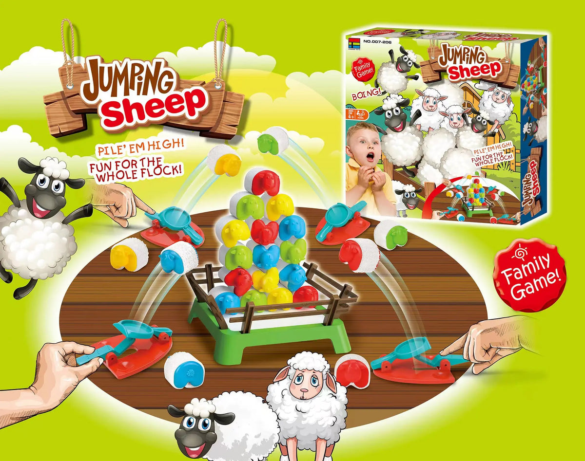 Illustrated four-player sheep-launching game setup with retail box