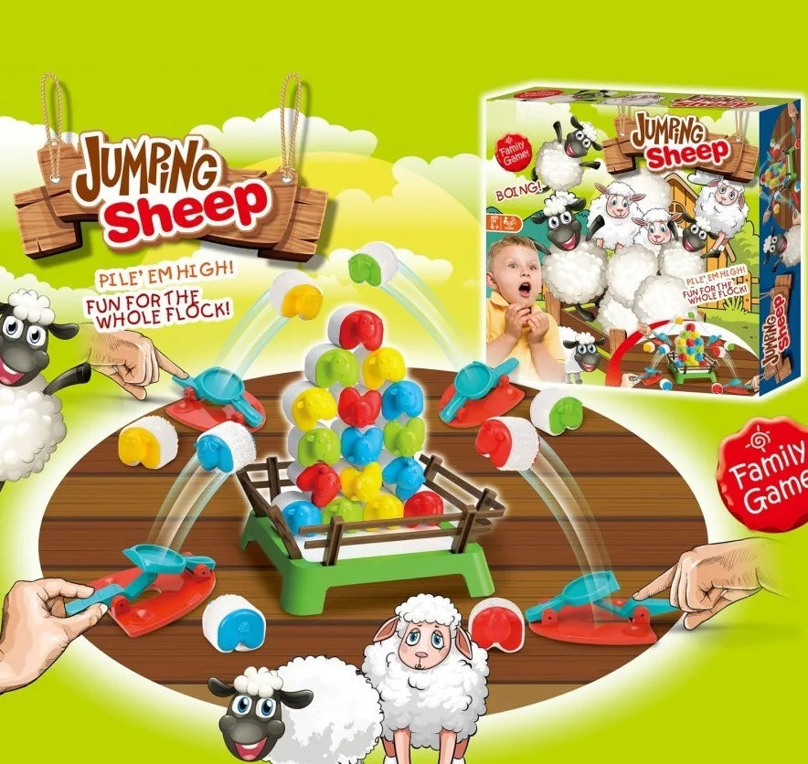 Crazy Sheep Catapult Game set with green pen, colorful sheep, springboard launchers and box