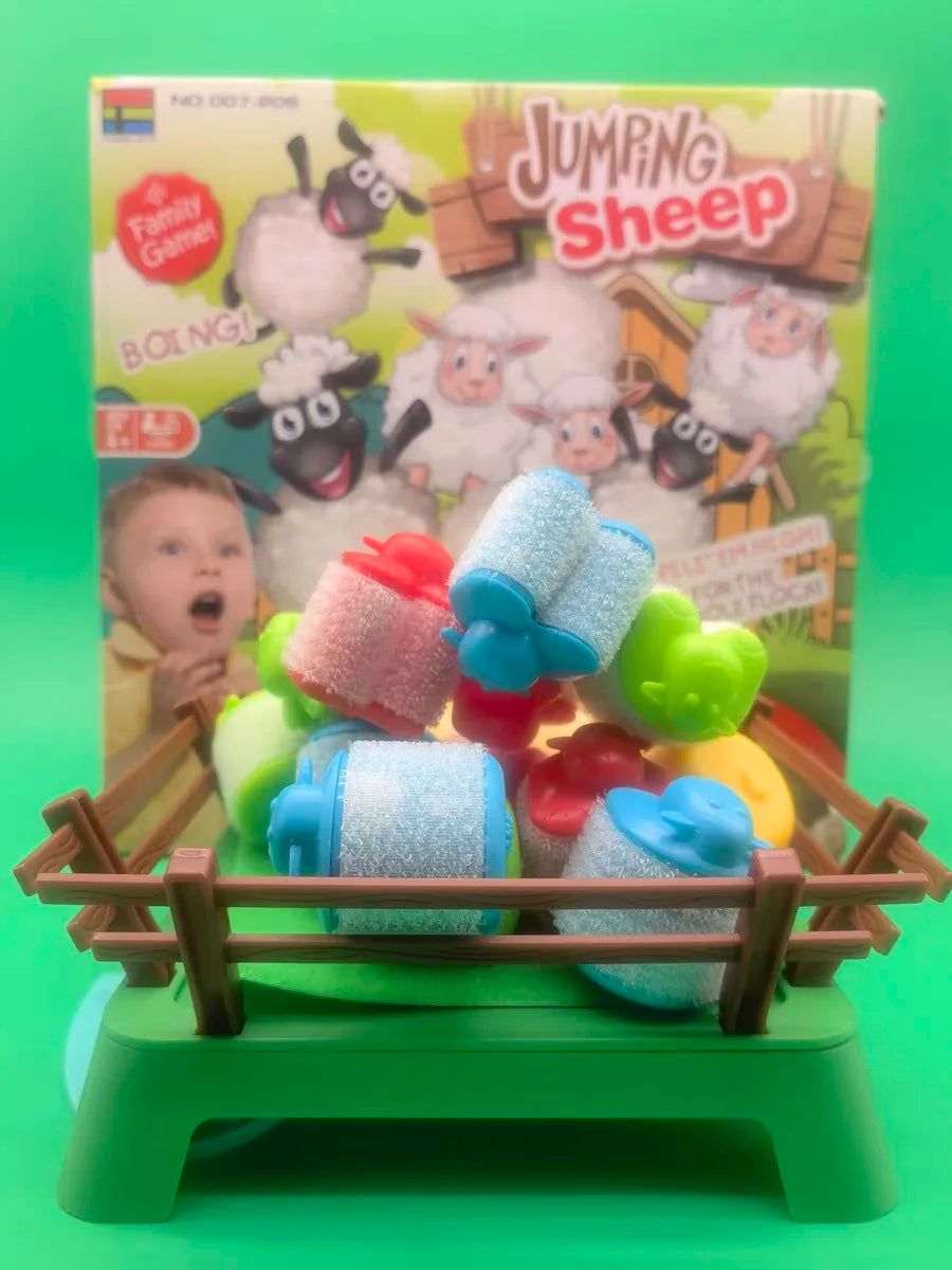 Colorful sheep piled in the green game pen with the box behind