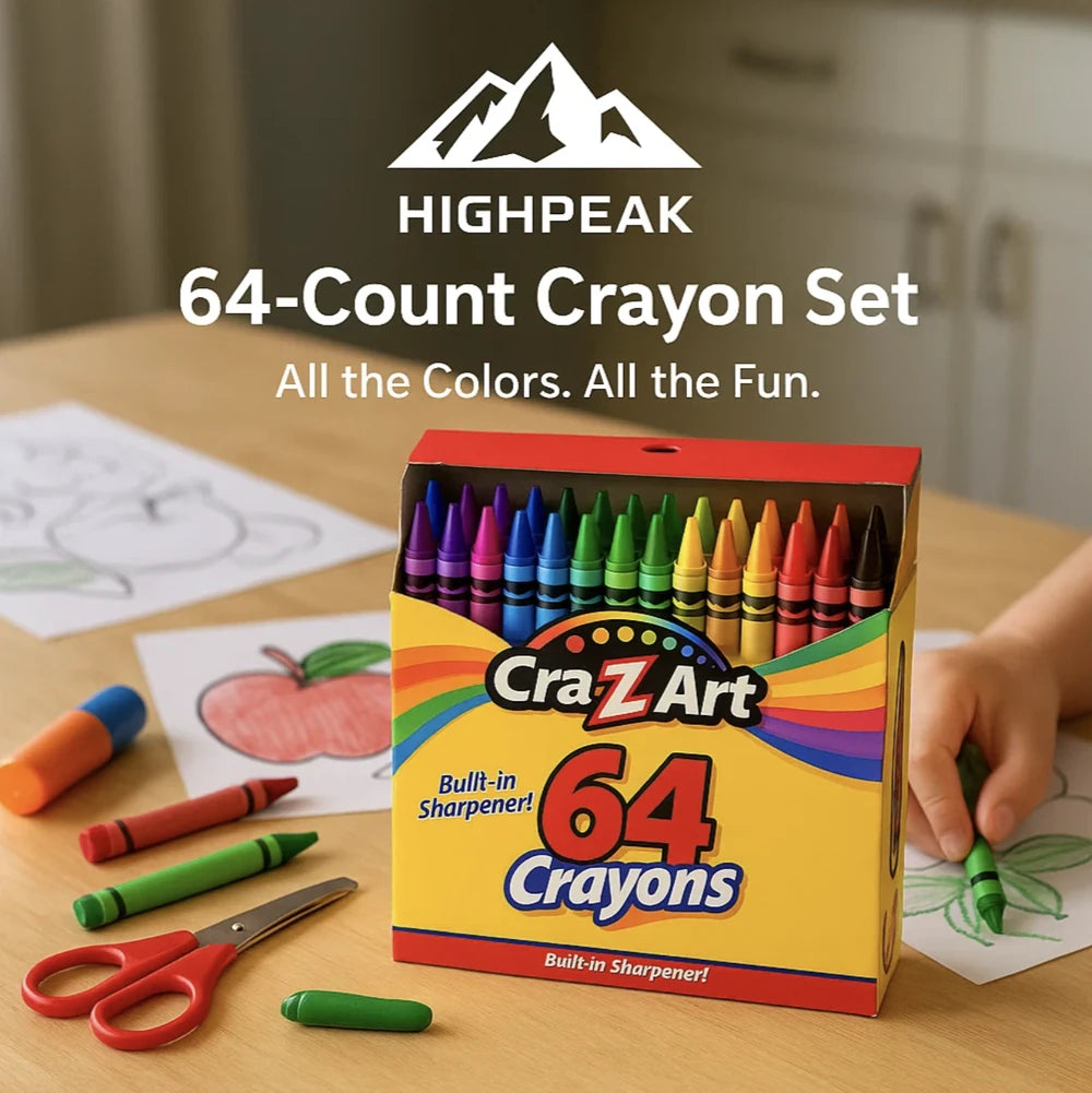 HighPeak 64-Count Crayon Set with 64 vibrant colors and built-in sharpener on a wooden table with art supplies