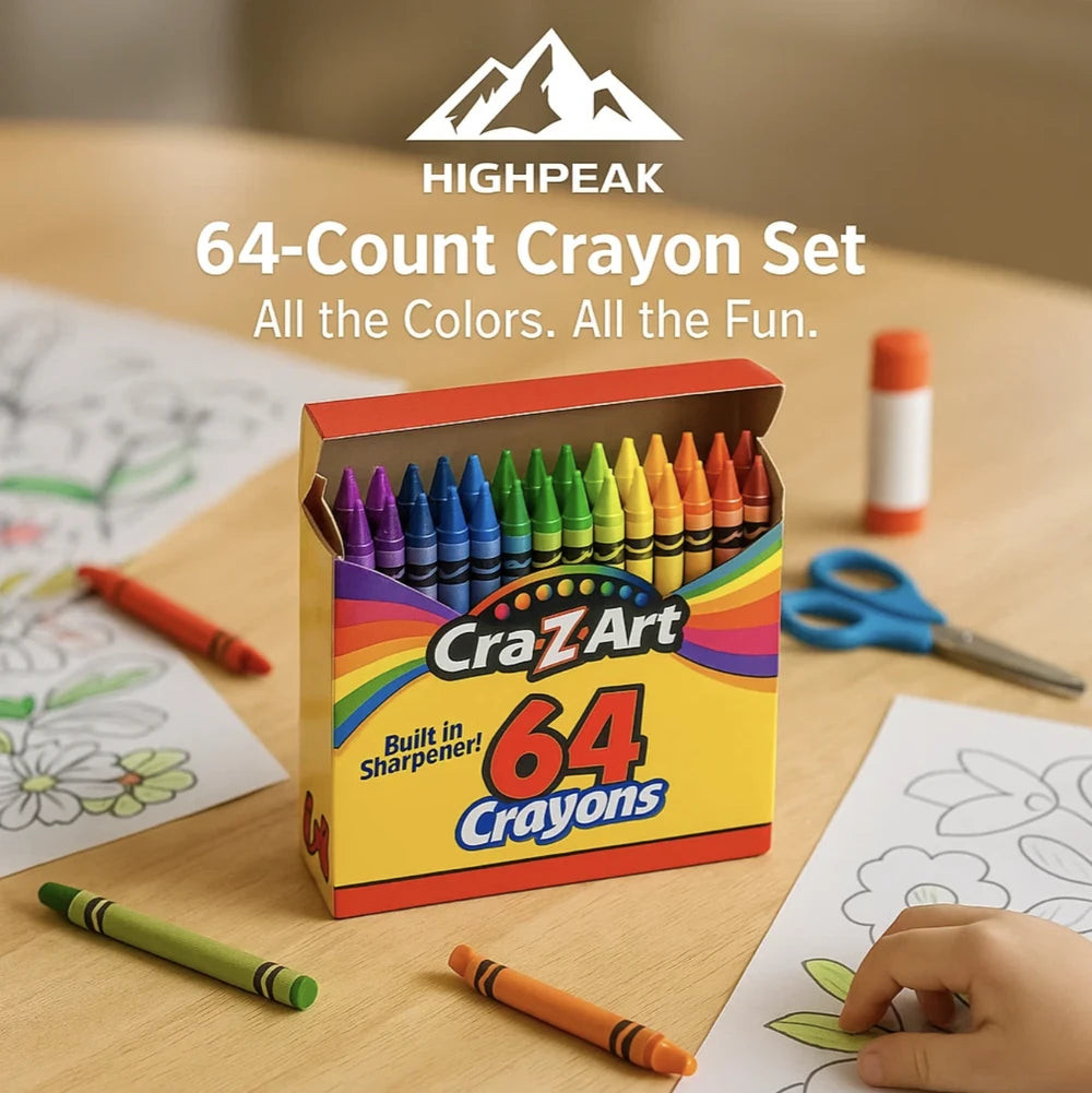 HighPeak 64-Count Crayon Set with 64 vibrant colors and built-in sharpener on a wooden table with coloring sheets.