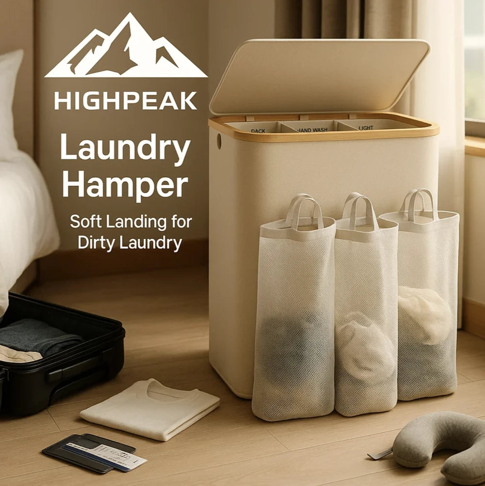 HighPeak 3-Section Laundry Hamper with labeled removable bags and bamboo lid in a modern bedroom setting