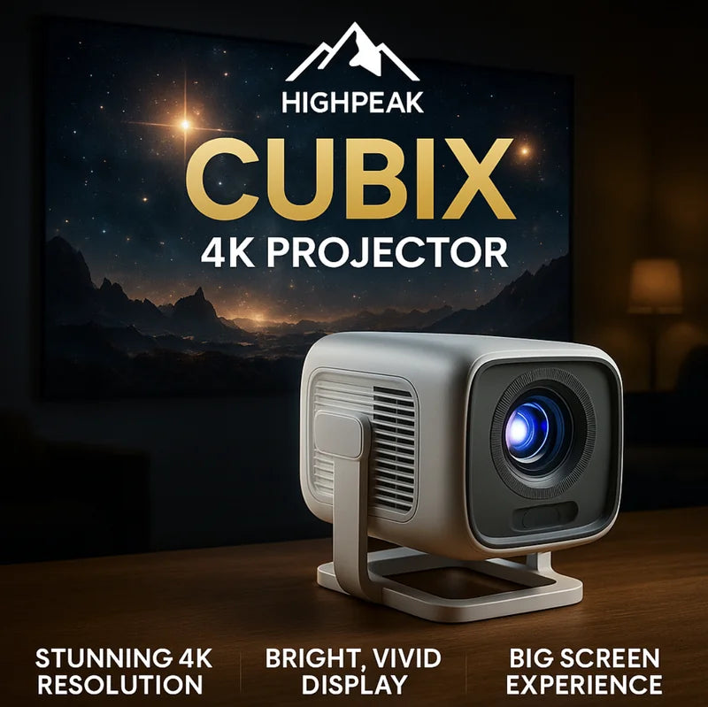 HighPeak CUBIX 4K projector in compact gray design displaying starlit landscape on screen with product features