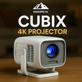 HighPeak CUBIX 4K projector in white compact cube design with blue lens display on wooden surface