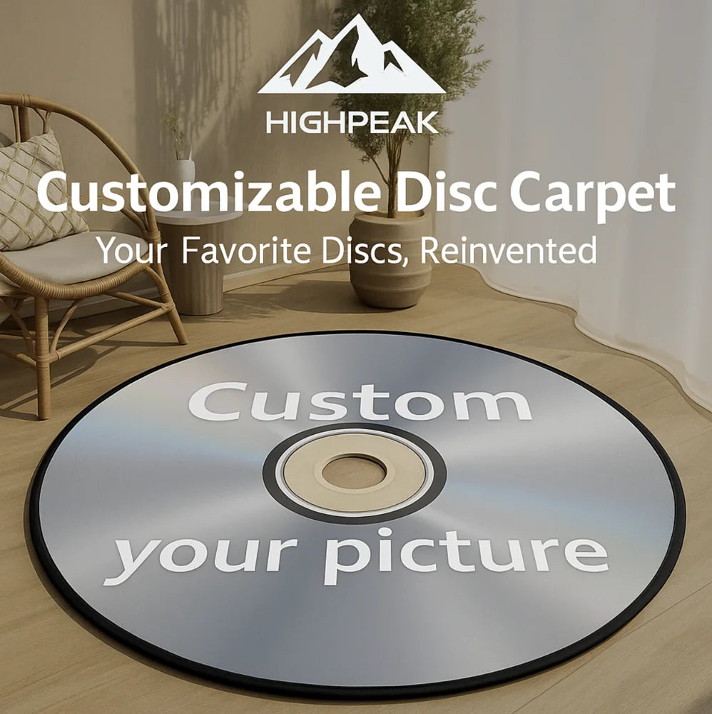 HighPeak Customizable Disc Carpet in silver with black edge displayed in a modern living room setting