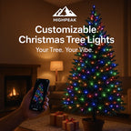 HighPeak Customizable Christmas Tree Lights glowing in multicolor with app control in cozy living room setting