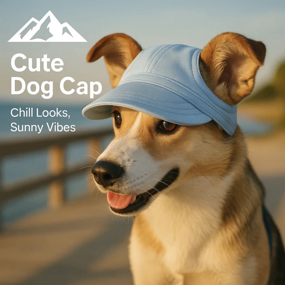 Cute Dog Cap by HighPeak in light blue on a happy dog outdoors featuring breathable fabric and ear holes for comfort.