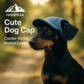 HighPeak Cute Dog Cap in blue on a black and brown dog during a shaded outdoor walk with sun protection brim.