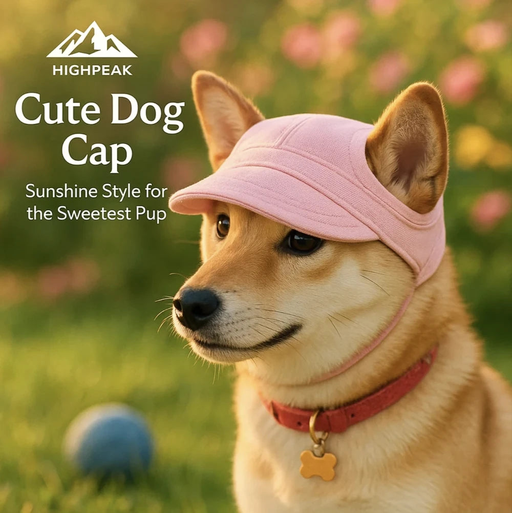HighPeak Cute Dog Cap in pink on a small dog outdoors with ear holes and snug pullover fit for sun protection