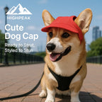 HighPeak Cute Dog Cap in red on happy corgi outdoors, breathable fit with sun-blocking brim and ear holes