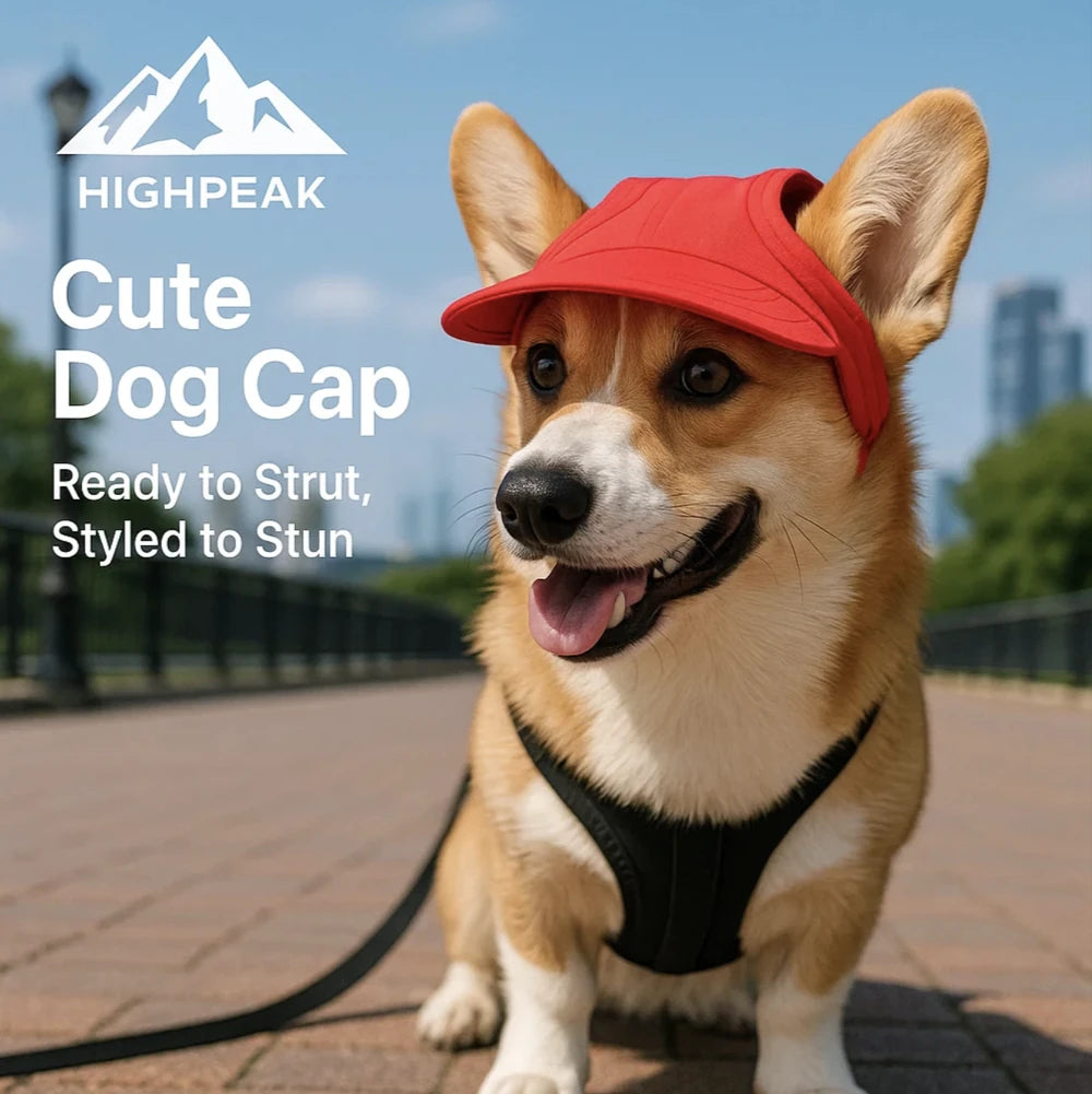 HighPeak Cute Dog Cap in red on corgi walking outdoors with leash, breathable fit and sun-blocking brim