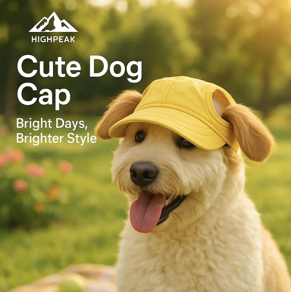 HighPeak Cute Dog Cap in yellow on a happy dog outdoors with ear holes for comfort and sun protection