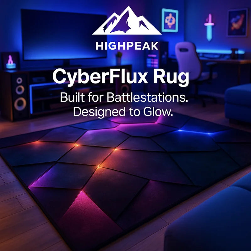HighPeak CyberFlux Rug with glowing geometric LED design in a modern gaming battlestation setup on hardwood floor