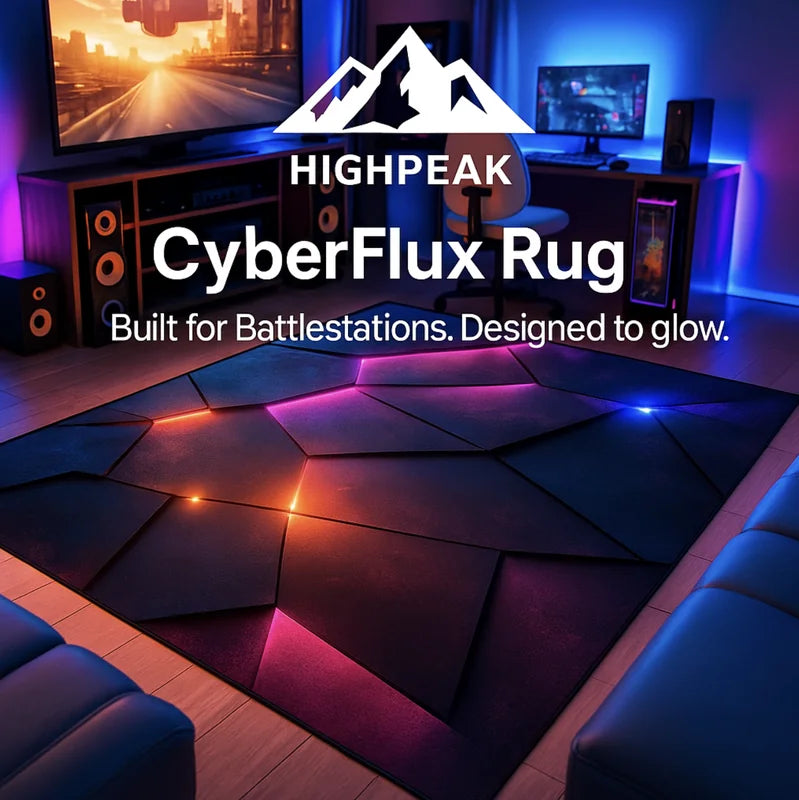 HighPeak CyberFlux Rug glowing with vibrant LED colors under a gaming setup with speakers and monitors.