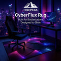 HighPeak CyberFlux Rug with glowing geometric LED design under gaming desk and chair in purple-blue ambient room