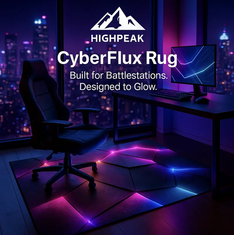 HighPeak CyberFlux Rug with glowing geometric LED design under gaming desk and chair in purple-blue ambient room