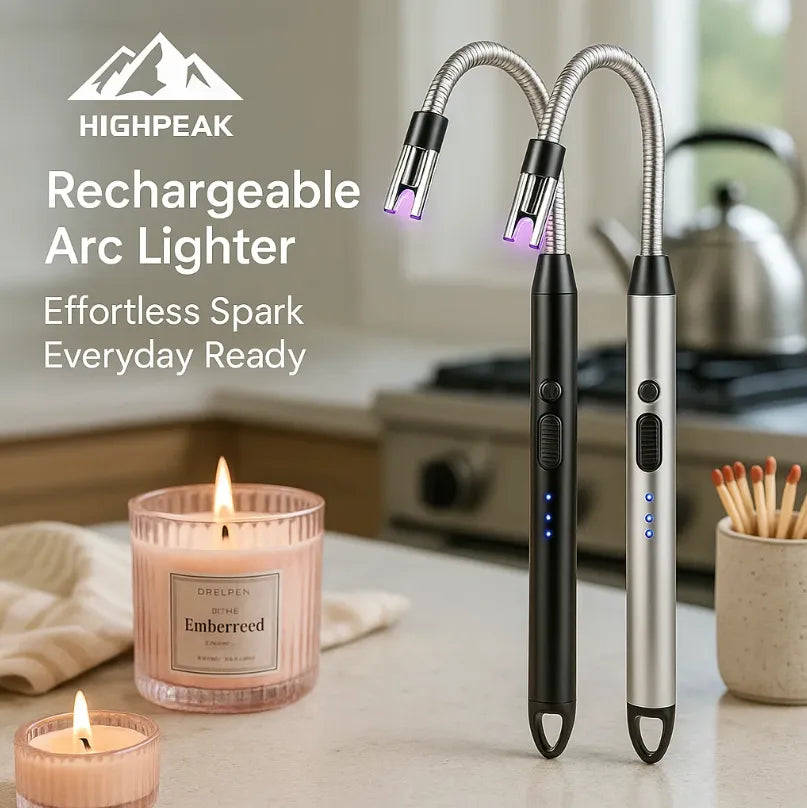 HighPeak Rechargeable Arc Lighter in black and silver with bendable necks lighting candles in a kitchen setting