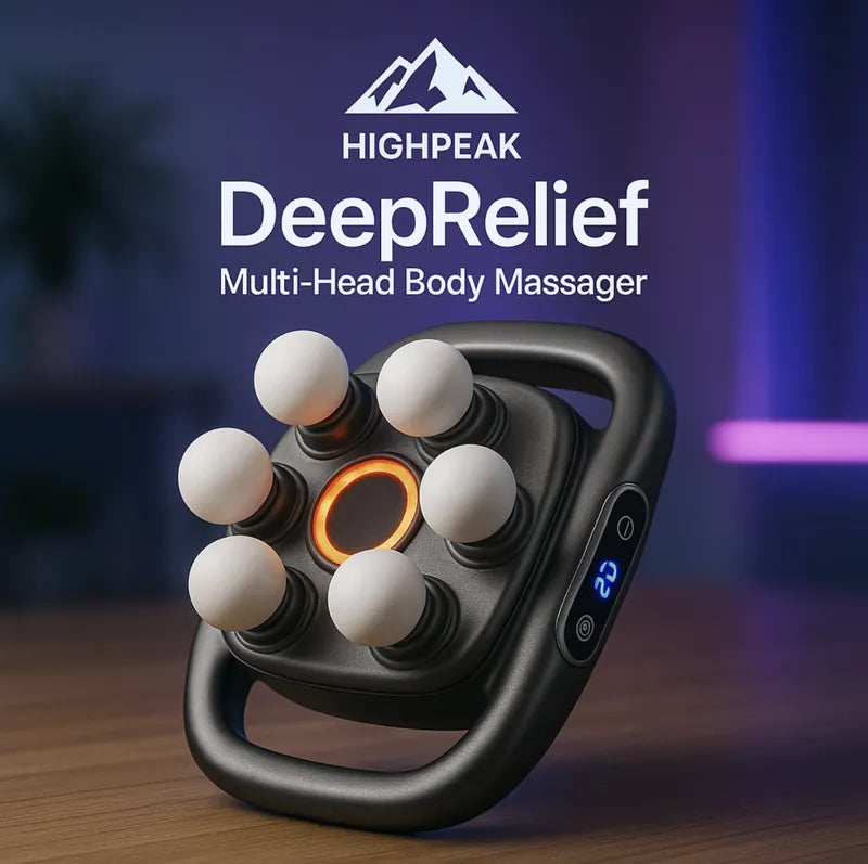 HighPeak DeepRelief™ Multi-Head Body Massager with six white heads and digital display on a wooden surface in ambient lighting