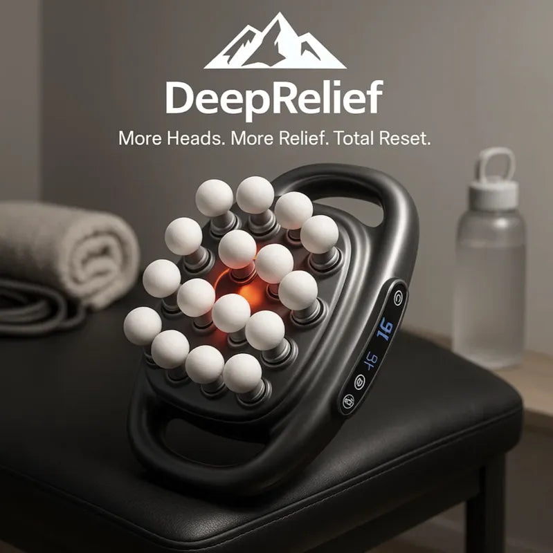 DeepRelief™ Multi-Head Body Massager in black with 12 white heads on bench, showing digital control and glowing heat element.