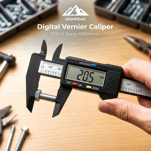 A hand holding a black Highpeak digital vernier caliper measuring a metal bolt on a wooden workbench, with tool trays and pliers blurred in the background. White text at the top reads 'HIGHPEAK Digital Vernier Caliper Dial In Every Millimeter'.