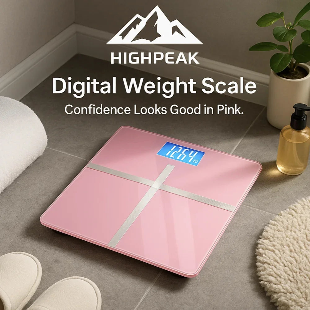 HighPeak Digital Weight Scale in pink with blue LCD on bathroom floor near towel and plant, sleek and accurate design.