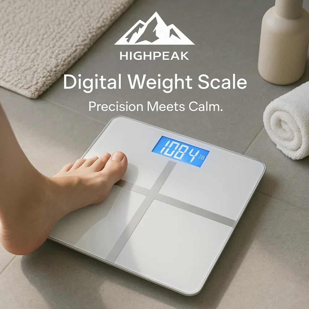 HighPeak Digital Weight Scale in white with blue LCD display showing weight on bathroom floor next to towel and mat