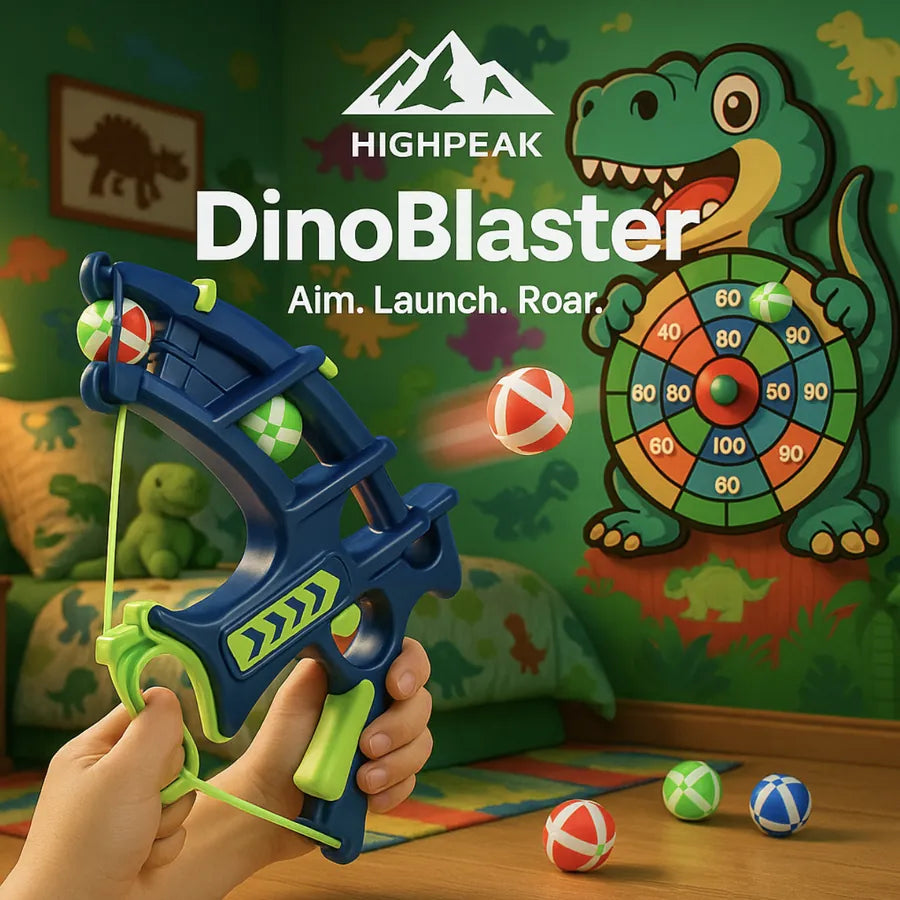 HighPeak DinoBlaster foam launcher shooting colorful balls at sticky dinosaur dartboard in a kids' playroom.