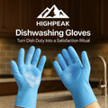 HighPeak Silicone Dishwashing Gloves in blue with built-in scrubbers, shown in a kitchen sink setting for dish cleaning.