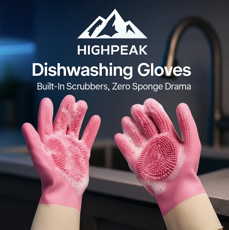 HighPeak Silicone Dishwashing Gloves in pink with built-in scrubbers shown over kitchen sink for cleaning tasks