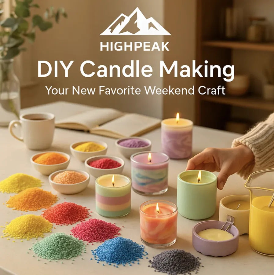HighPeak DIY Candle Making kit showing colorful wax beads, handmade candles, and cozy crafting setup on a table.