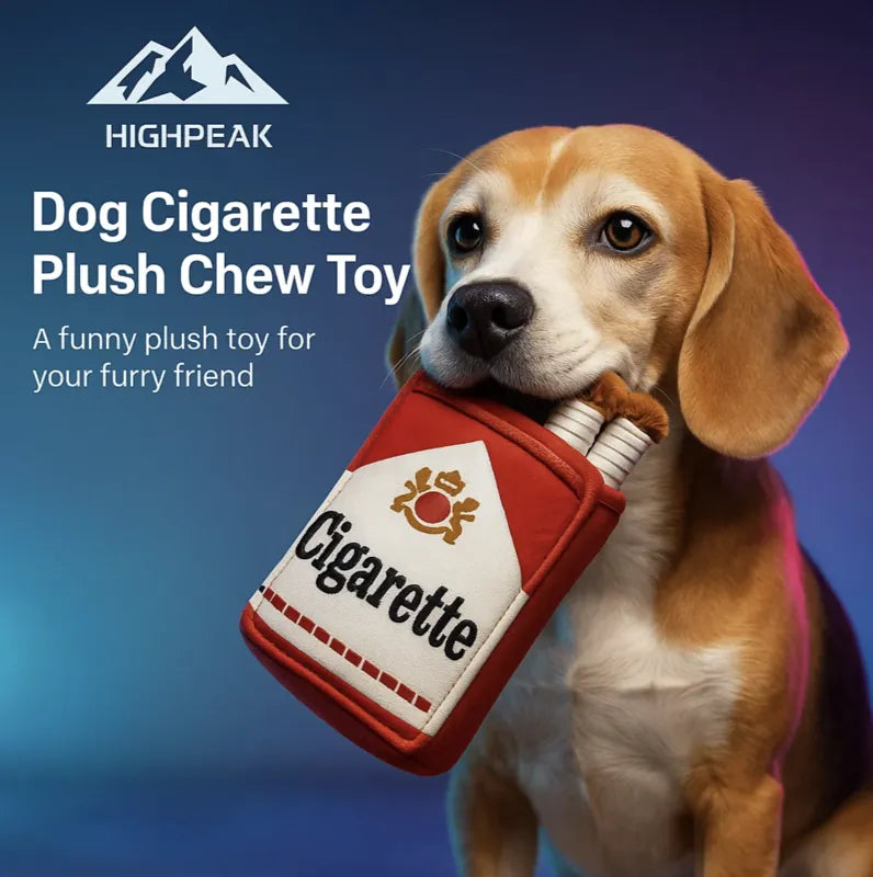 HighPeak Dog Cigarette Plush Chew Toy in red and white held by a beagle, durable and safe for playful chewing.