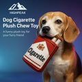 HighPeak Dog Cigarette Plush Chew Toy in red and white held by a beagle, durable and safe for playful chewing.