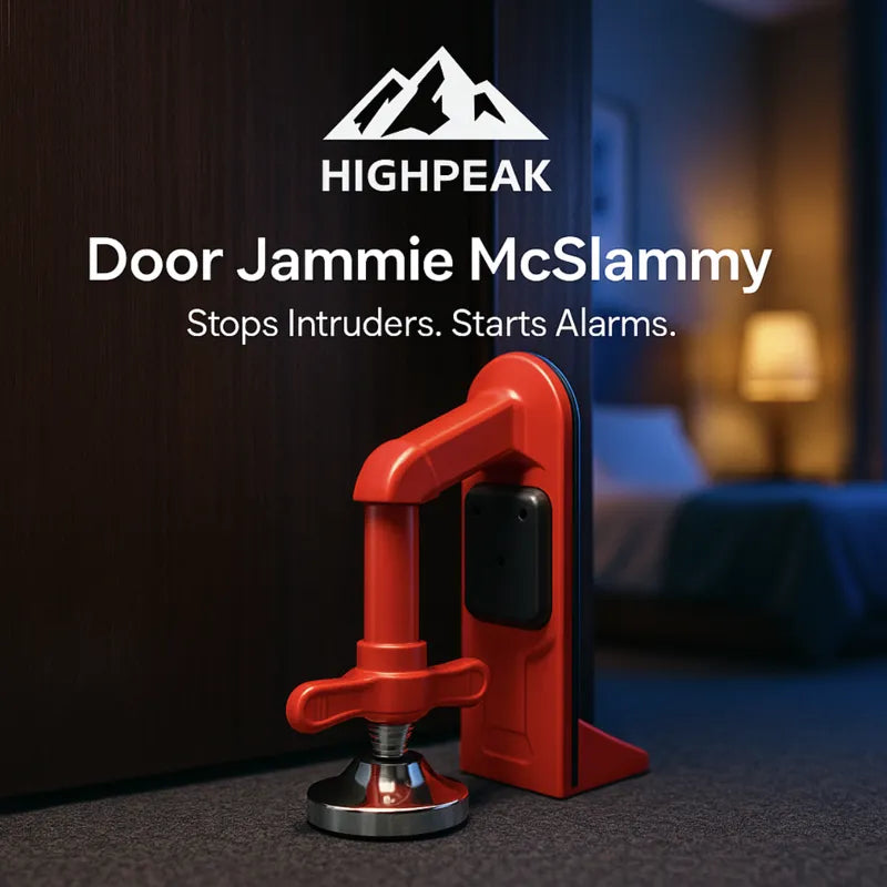 HighPeak Door Jammie McSlammy in red secured under a door with alarm sensor in a dimly lit bedroom setting