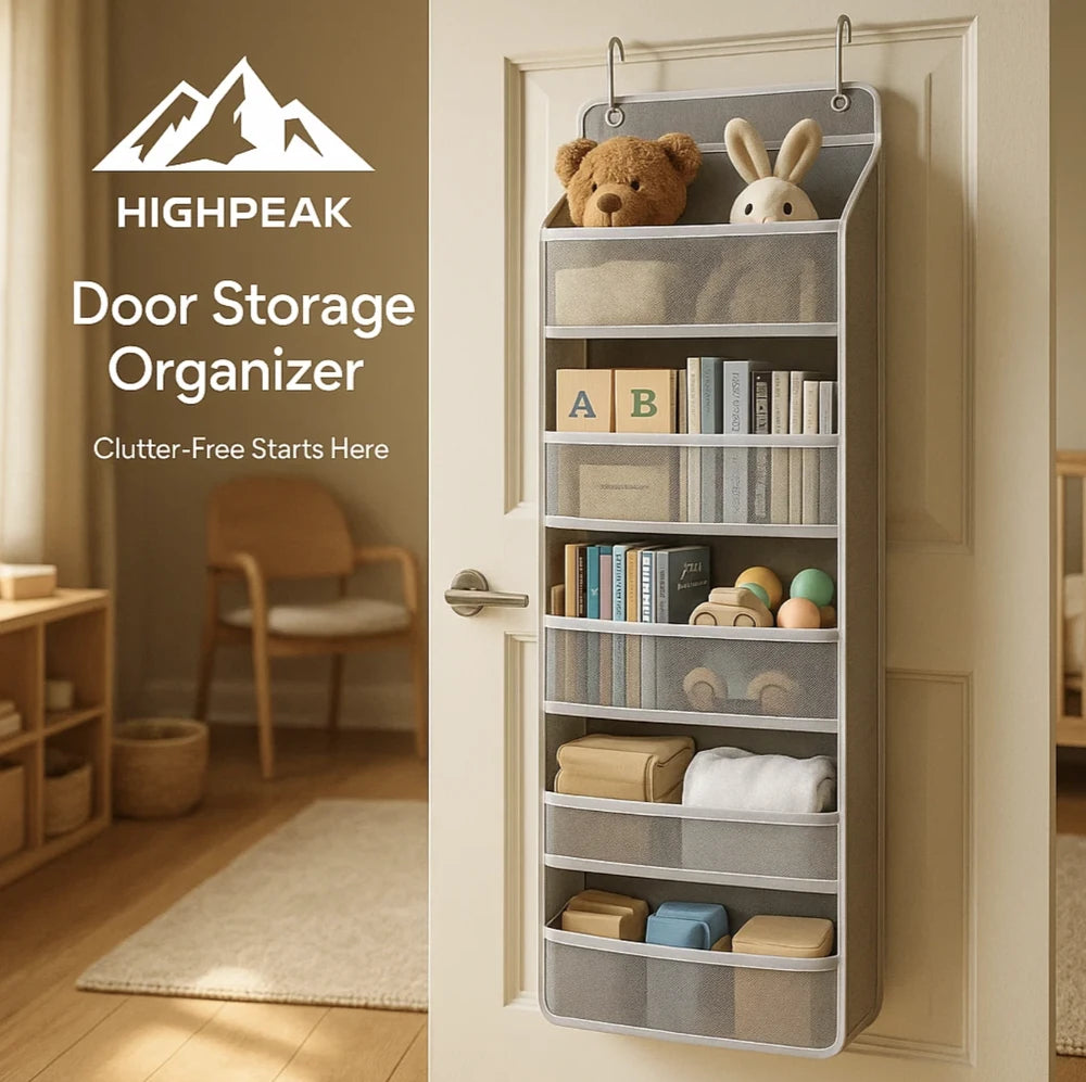 HighPeak Over The Door Storage Organizer in gray with 5 pockets holding toys and books on a white door in a cozy room