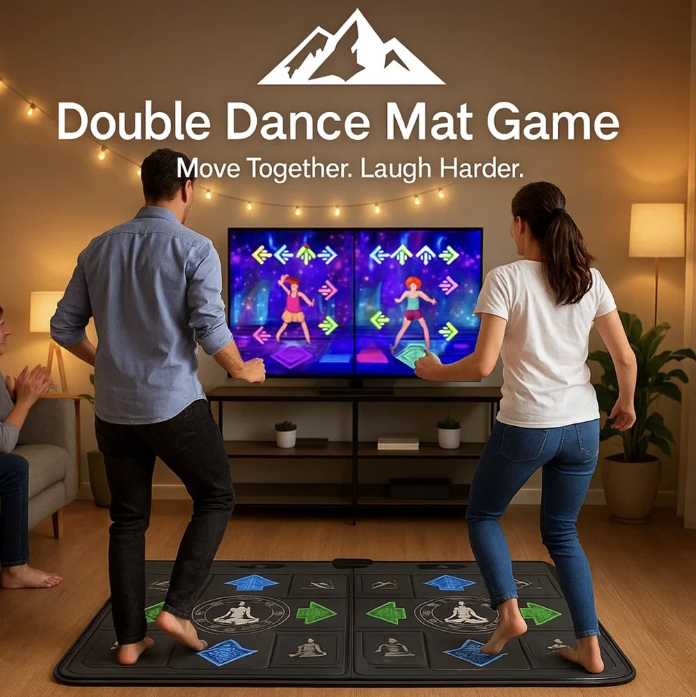 HighPeak Double Dance Mat Game shown with two players dancing on black mat in a cozy living room with TV motion tracking game.