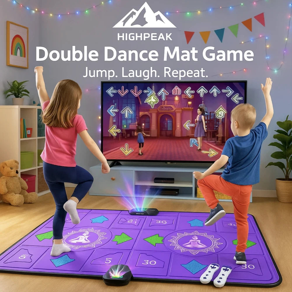 HighPeak Double Dance Mat Game in purple with LED motion sensors, two kids playing an interactive dance challenge at home