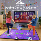 HighPeak Double Dance Mat Game in purple with two kids dancing and motion tracking in a colorful living room setup