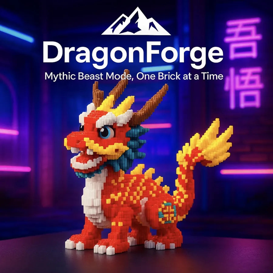 DragonForge micro brick Eastern-style dragon in bold red, yellow, and blue, displayed on a dark surface with neon backdrop.