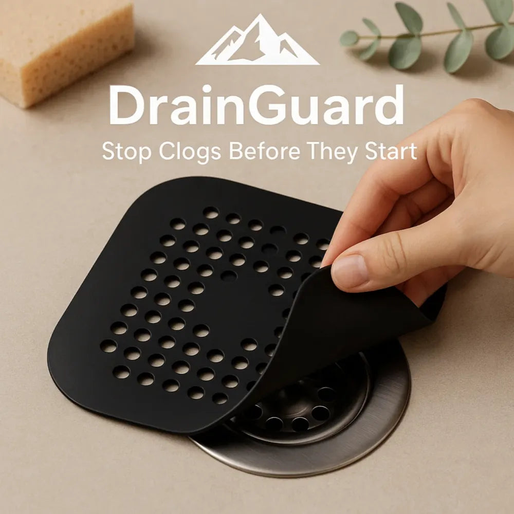 DrainGuard™ black flexible silicone drain cover with suction grip on stainless steel sink drain, preventing clogs efficiently.