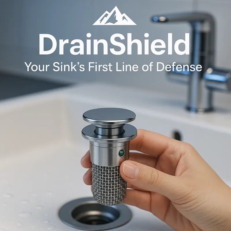 HighPeak DrainShield stainless steel drain stopper and mesh trap held above sink drain for clog prevention
