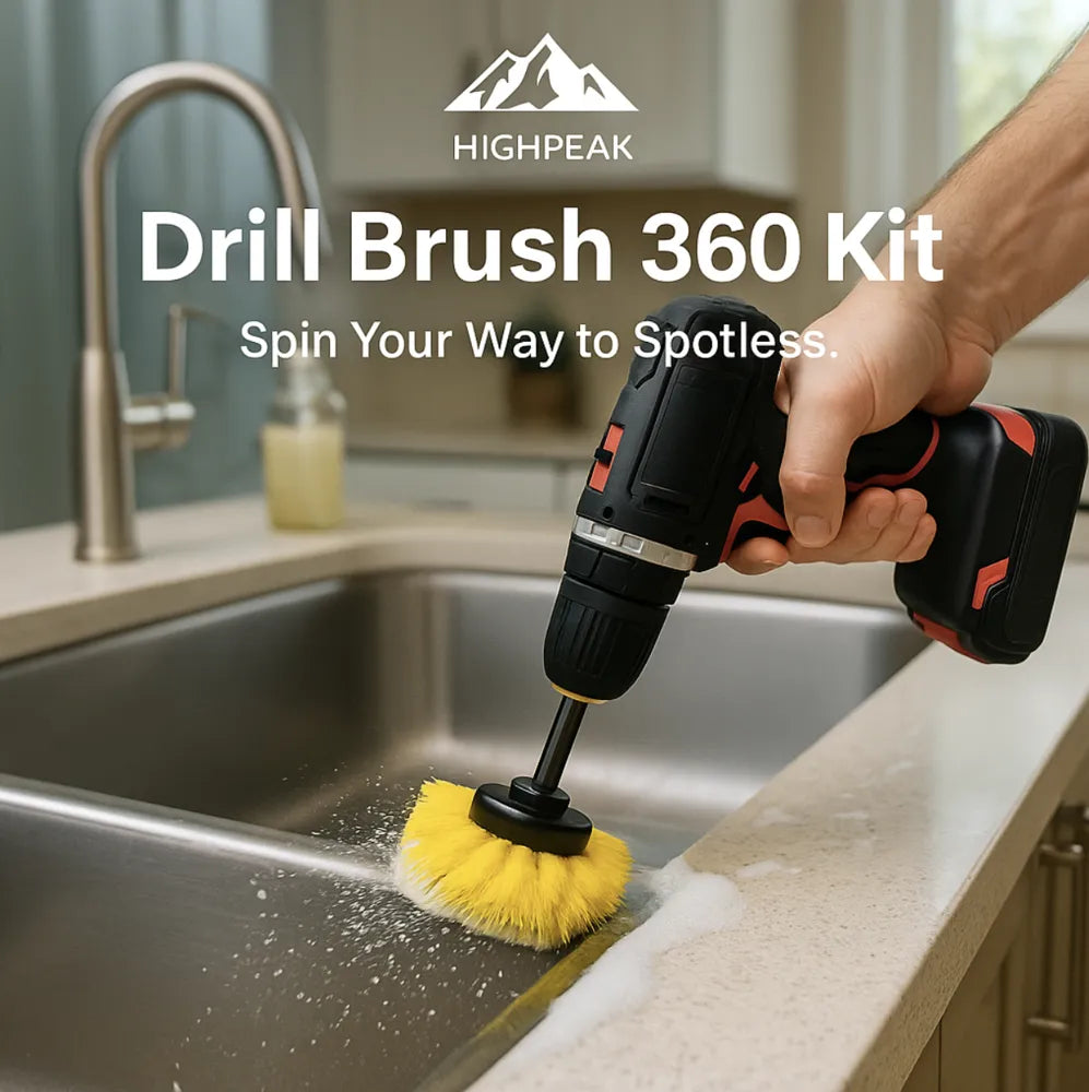 HighPeak Drill Brush 360 Kit with yellow brush head attached to drill, cleaning kitchen sink edge with soap suds visible
