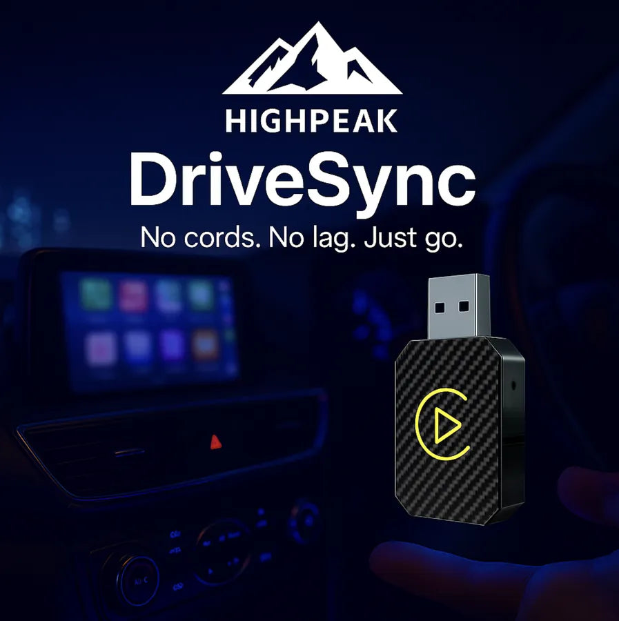 HighPeak DriveSync wireless CarPlay adapter in black carbon fiber design shown in car interior at night