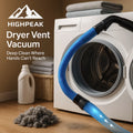 HighPeak Dryer Vent Vacuum Hose in blue attached to vacuum cleaning dryer vent with lint pile nearby on wooden floor
