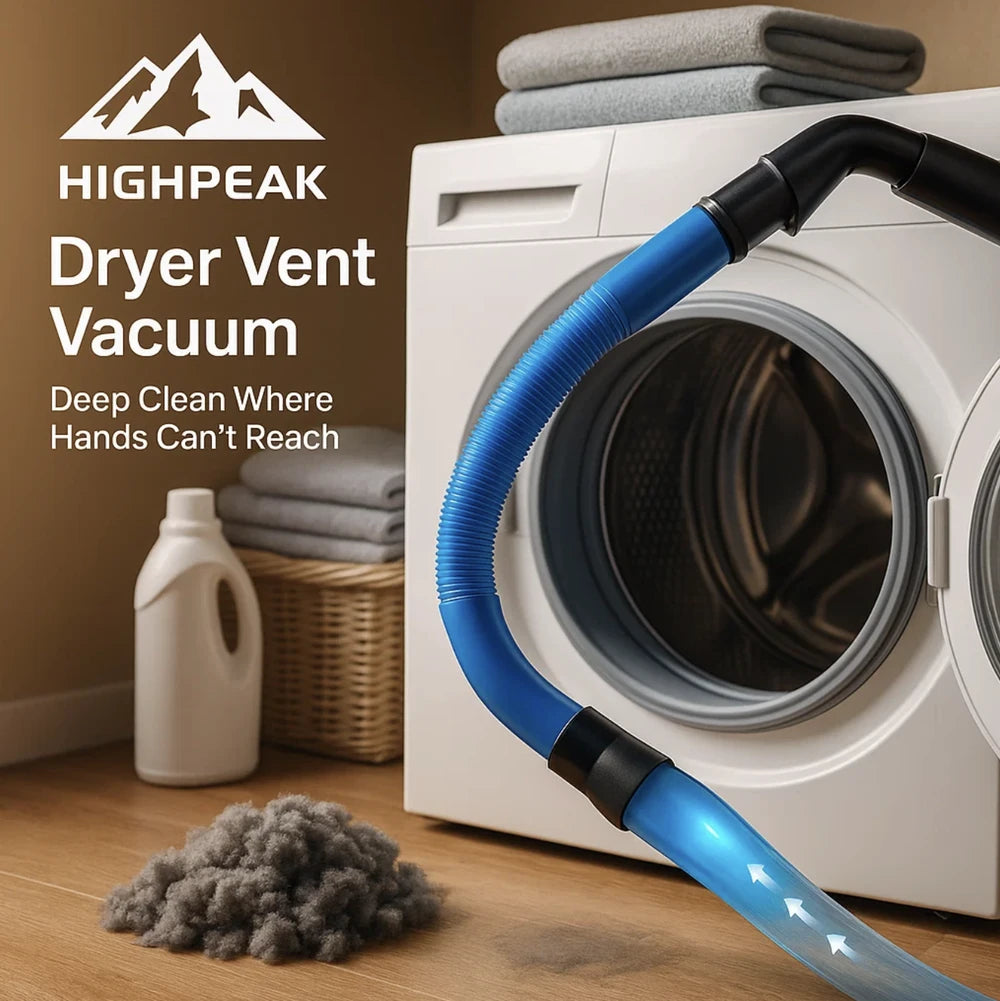 HighPeak Dryer Vent Vacuum Hose in blue attached to vacuum cleaning dryer vent with lint pile nearby on wooden floor