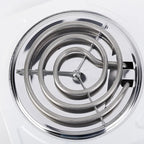 Close-up of the electric cooktop's spiral heating coil and metal burner support