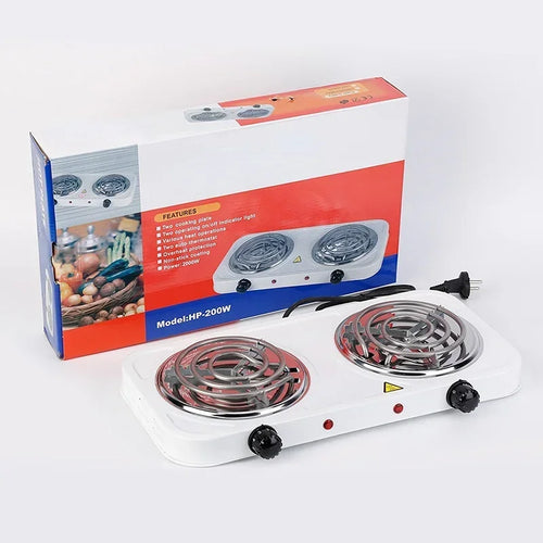 White HighPeak dual burner electric cooktop with two coil burners, control knobs and retail packaging