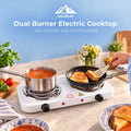 HighPeak dual burner electric cooktop on a kitchen counter with a pot of tomato soup and a frying pan of toasted bread, with a hand flipping the toast. The background shows a blue wall and kitchen decor.