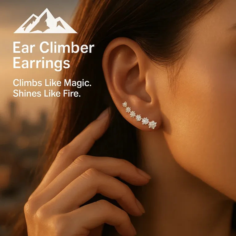 HighPeak Ear Climber Earrings in rhinestone on ear, showcasing elegant sparkling design climbing along the lobe.